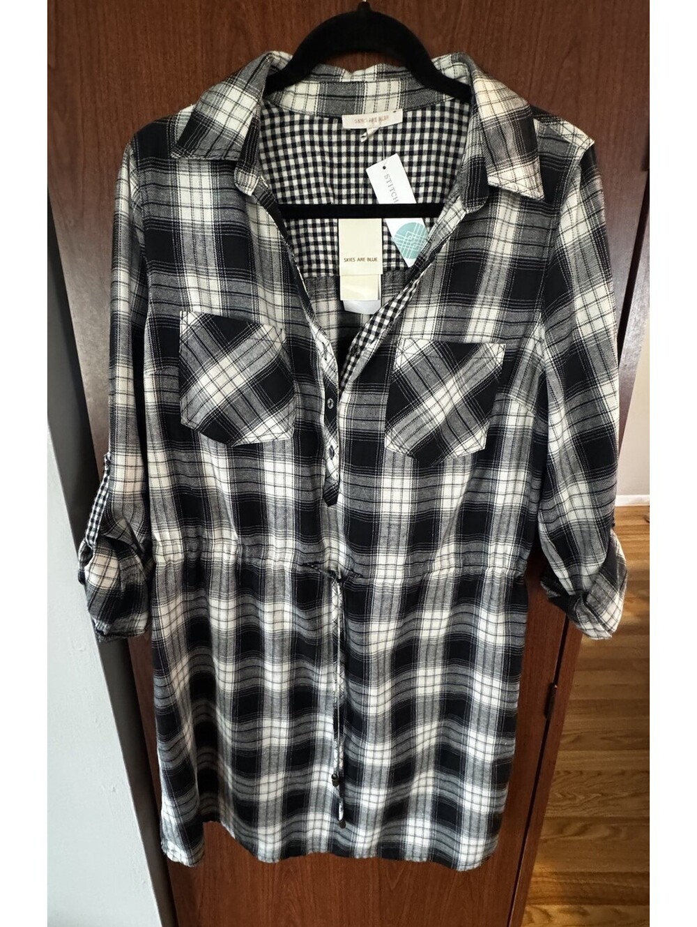 Skies Are Blue Nevara Shirt Dress Womens M Plaid Black White NWT Stitch Fix